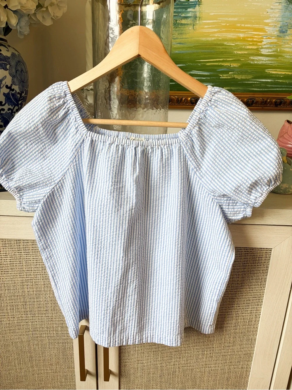 Crewcuts Light Blue SeerSucker Striped Puff-Sleeve Top-00C